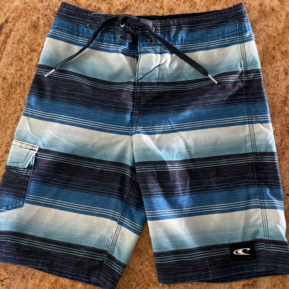 O'Neill Boys Board Shorts Blue and Black Stripe Size 24